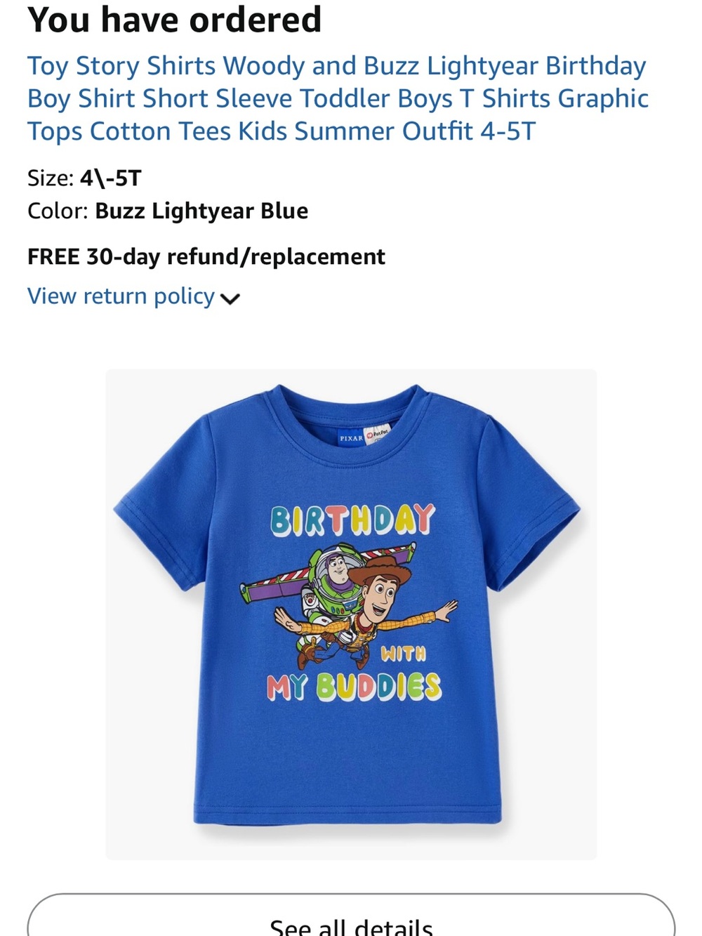 Toy Story Boys' Buzz Lightyear & Woody Blue Birthday Graphic Tee